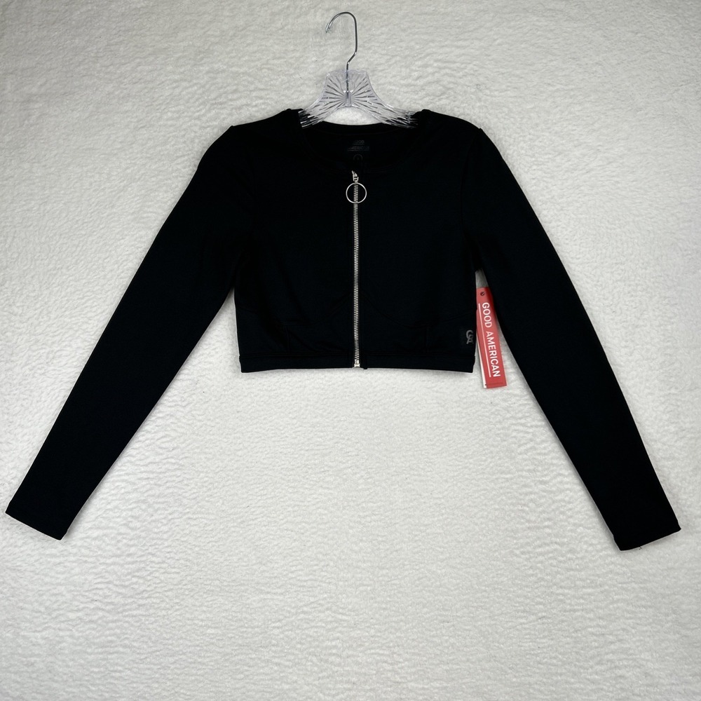 NWT Good American The Warrior Zip Crop‎ Top Black Long Sleeve Women's 2